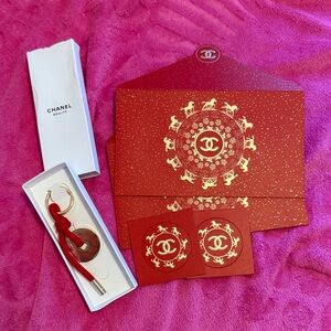 CHANEL Red and Gold Decorative Envelope & Tassel Keyring Set